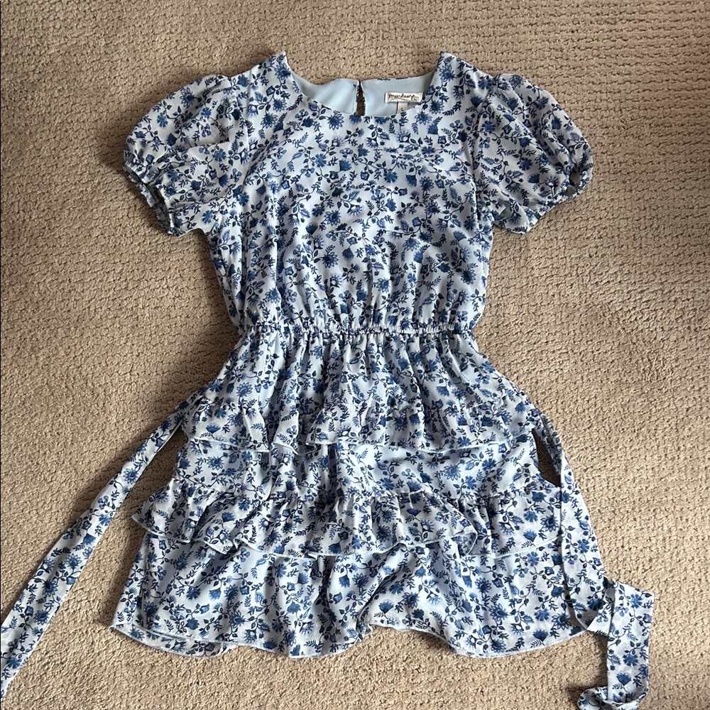 Blue Floral Tiered Dress with Puff Sleeves